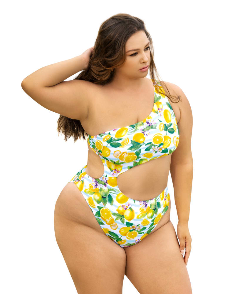 Front of a model wearing a size 3X/4X One Piece Swimsuit- Lemons in Citrus Print by Mapalé. | dia_product_style_image_id:272010